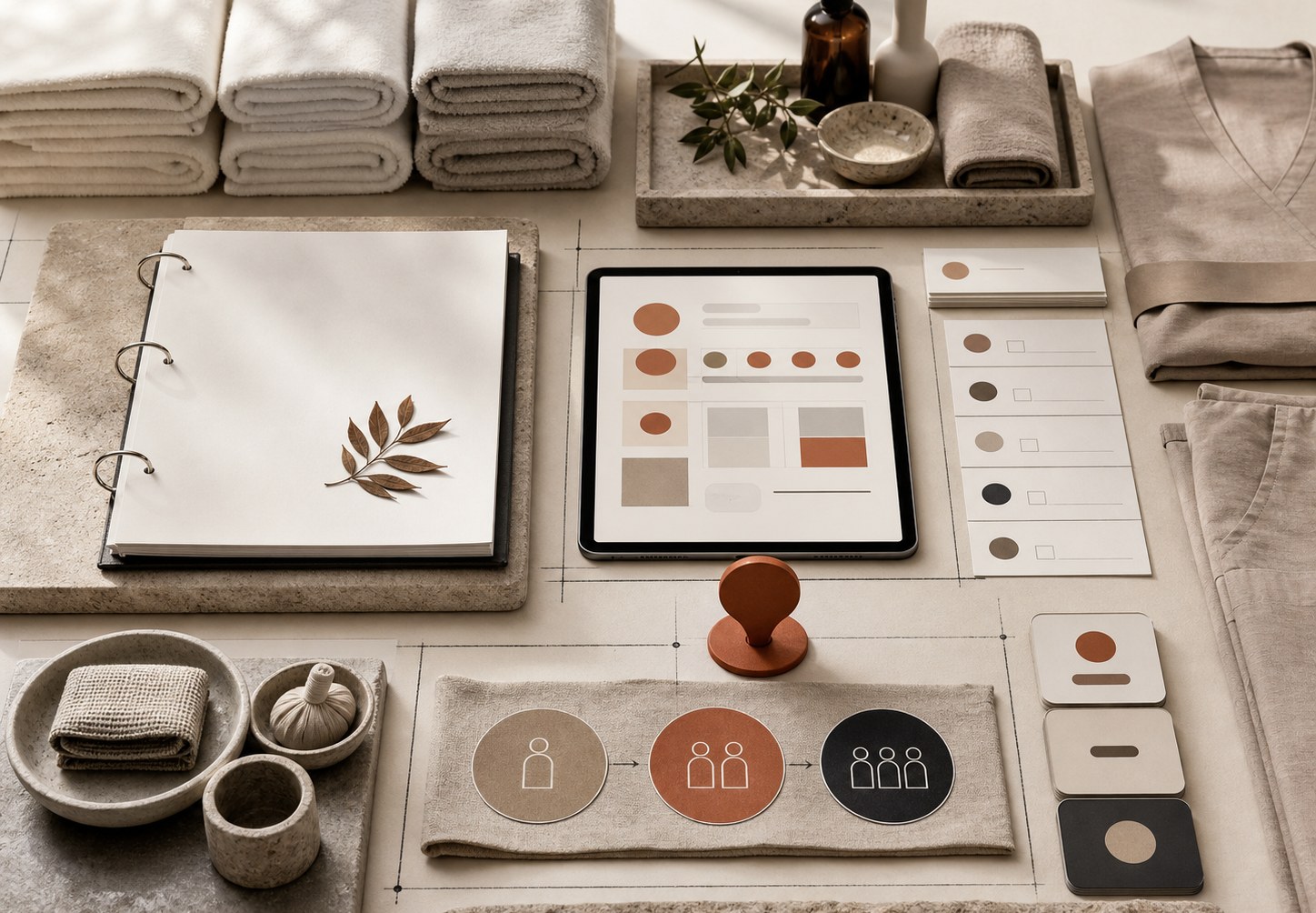 Editorial spa operations scene with folded towels, SOP binder, training tray and booking system