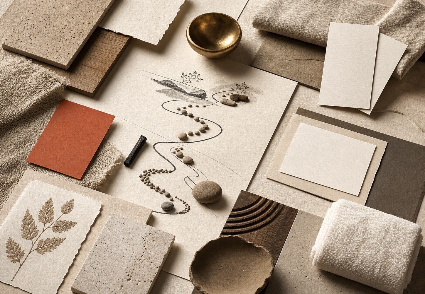 Editorial spa concept board with natural material swatches, guest journey stones and linen textures