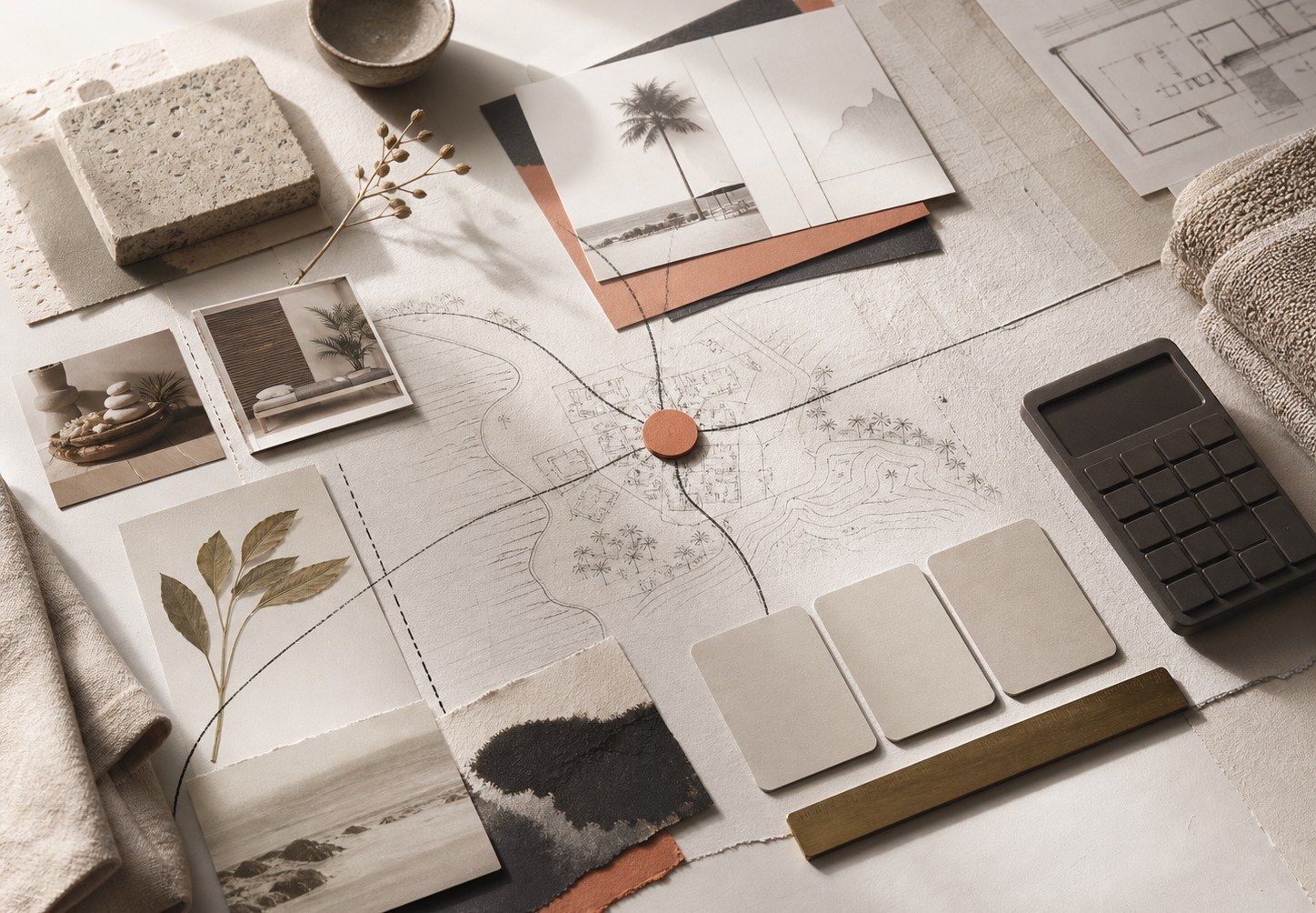 Editorial still life of spa feasibility maps, benchmark cards and natural material samples
