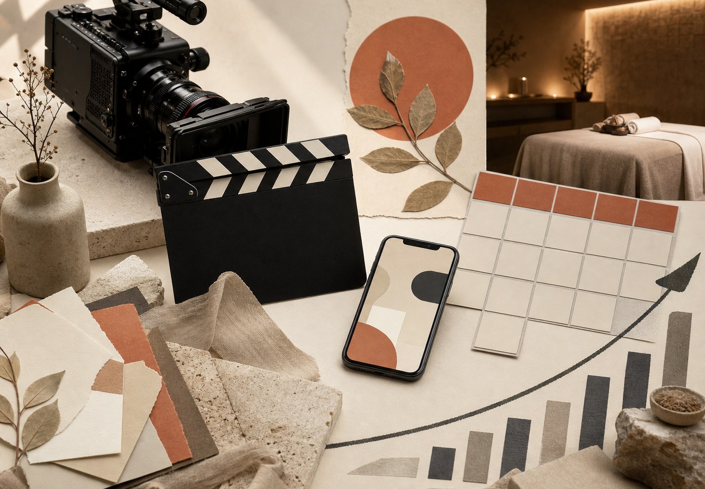 Editorial spa launch scene with camera, abstract social cards, booking tiles and warm treatment room light