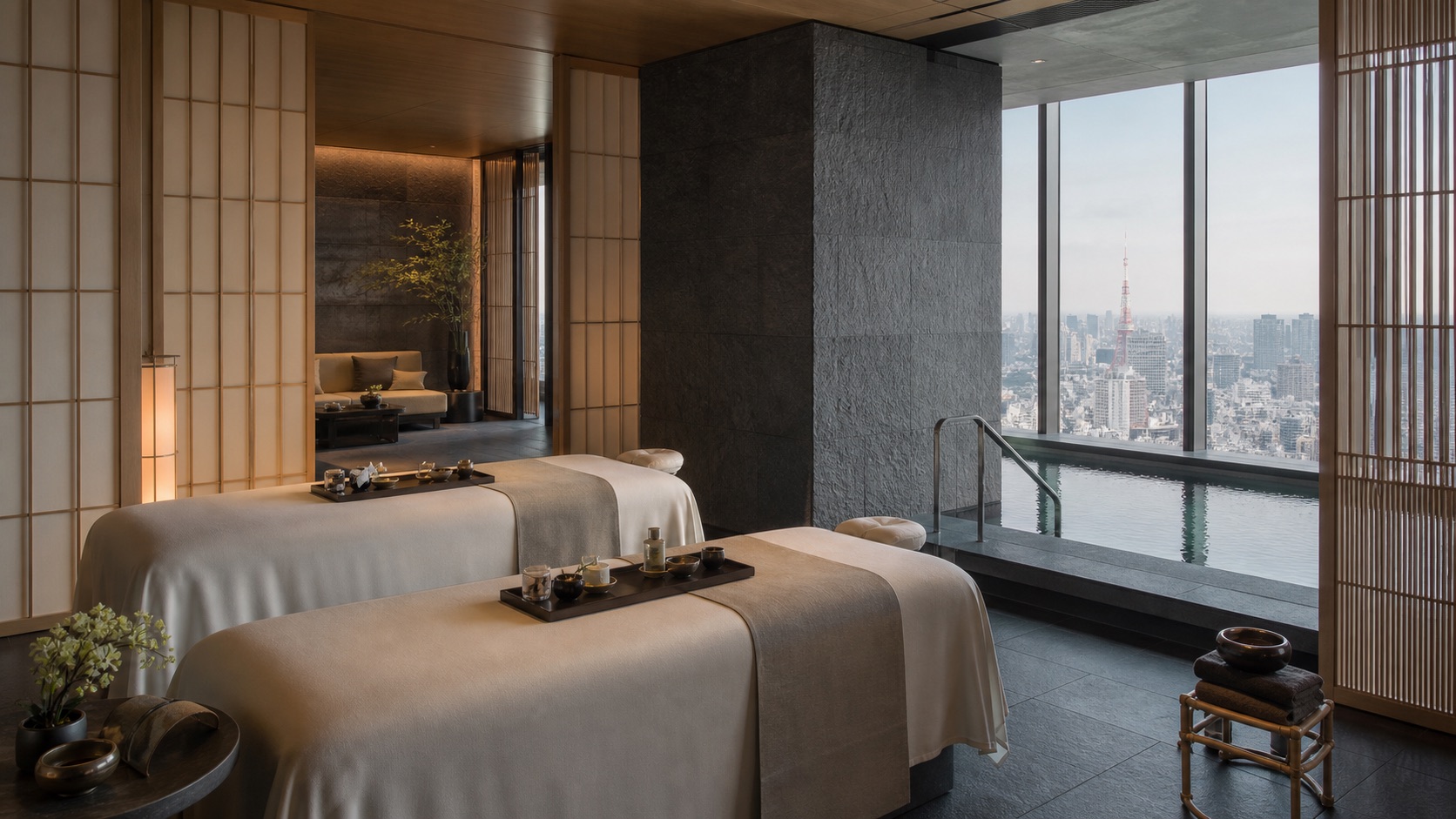 Illustrative high-rise Tokyo luxury spa suite with pool and skyline view