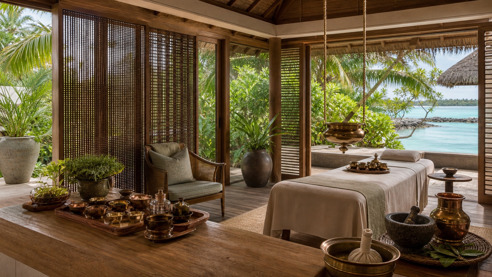 Illustrative Maldives luxury island wellness pavilion with Ayurvedic treatment setting