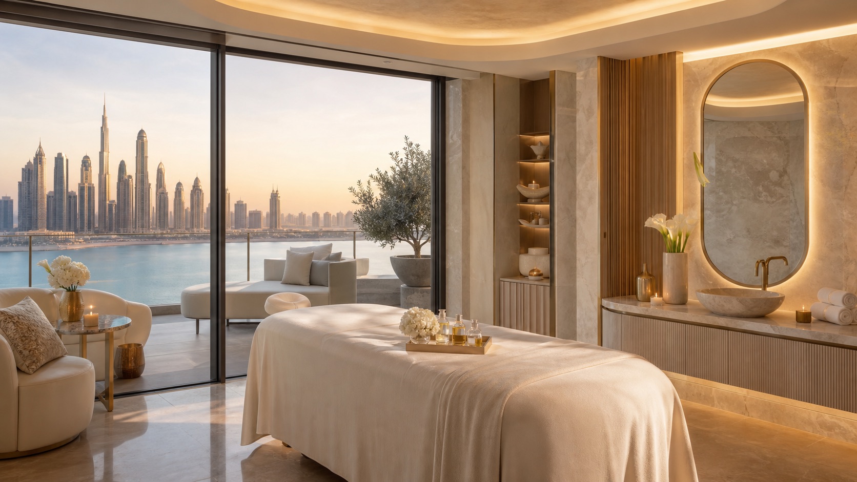 Illustrative Dubai ultra-luxury hotel spa suite with skyline and water view