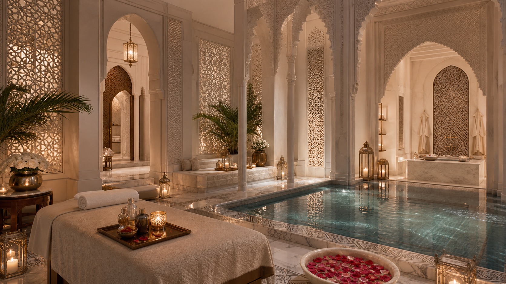 Illustrative Marrakech palace hotel hammam with marble pool and carved arches