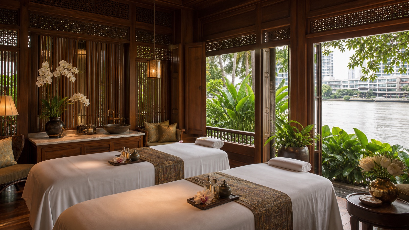 Illustrative luxury Thai heritage hotel spa suite with river view in Bangkok