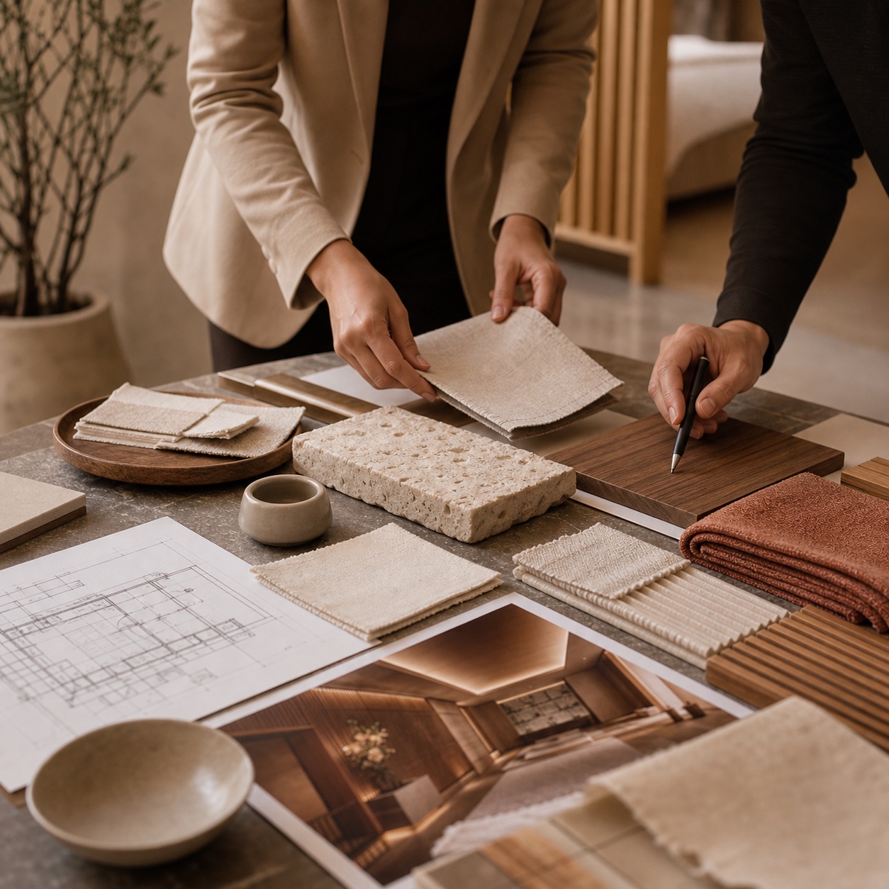 Spa concept planning table with natural material samples and architectural sketches