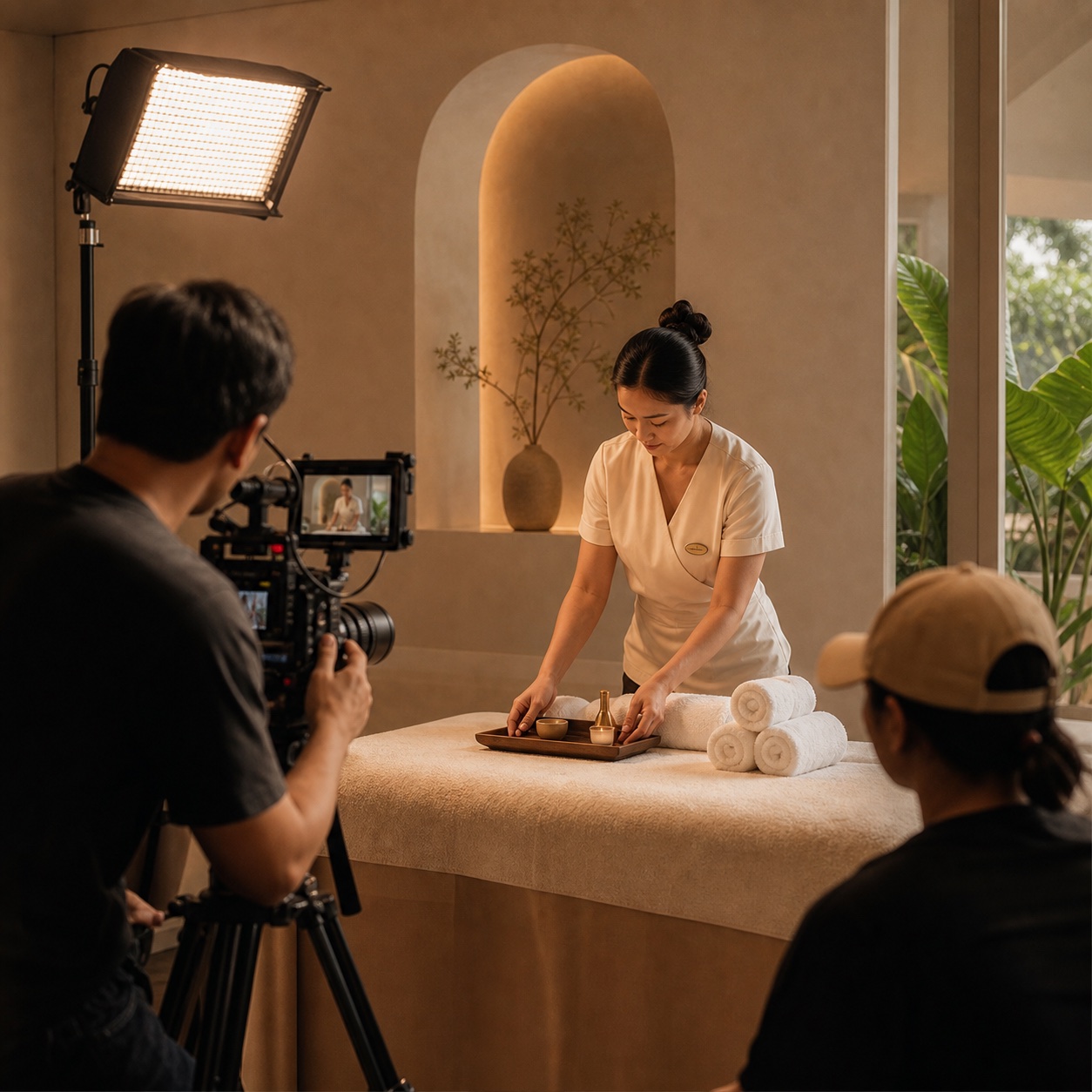 Professional film crew shooting a luxury spa treatment scene