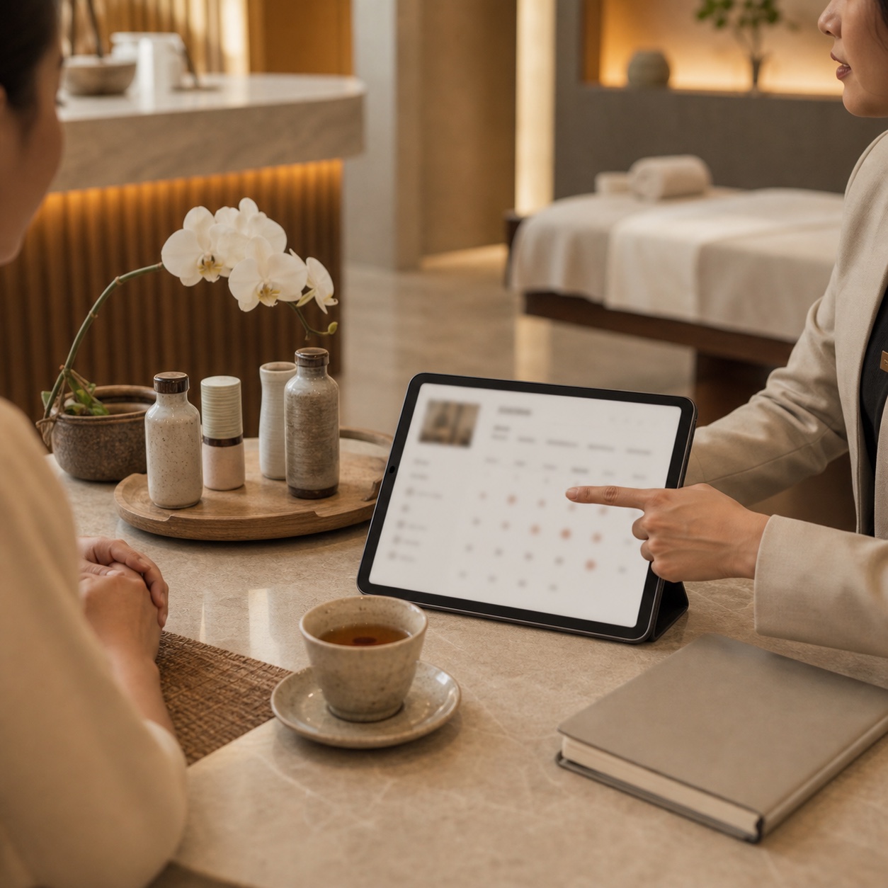 Spa consultant reviewing a digital booking flow on a tablet