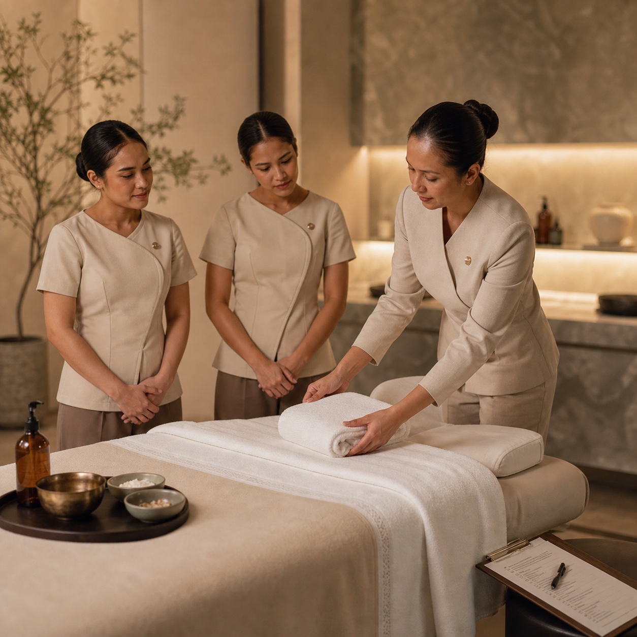 Spa staff training session with trainer demonstrating treatment room standards