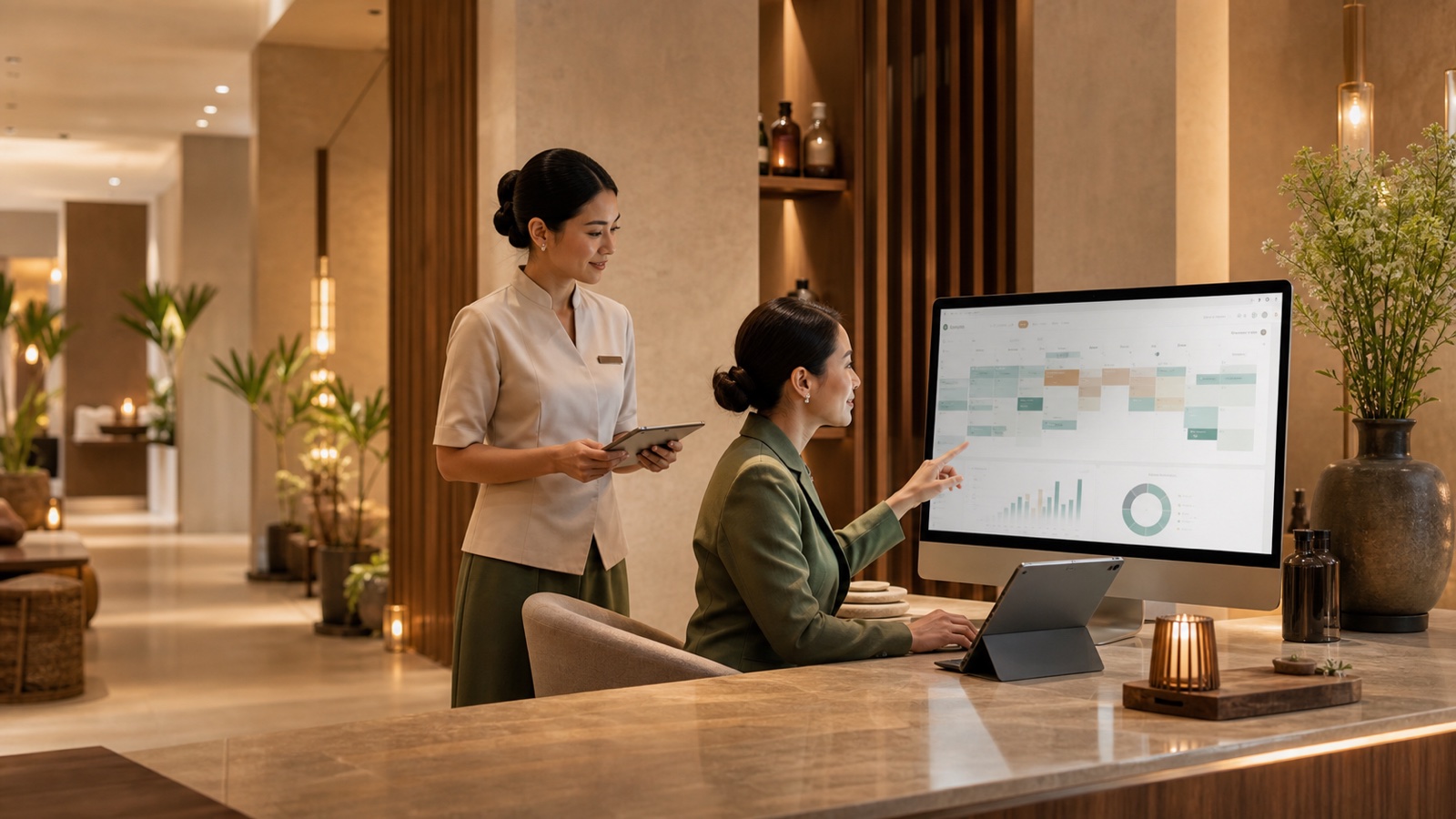 Spa operations team reviewing a booking calendar and analytics dashboard in a premium spa reception