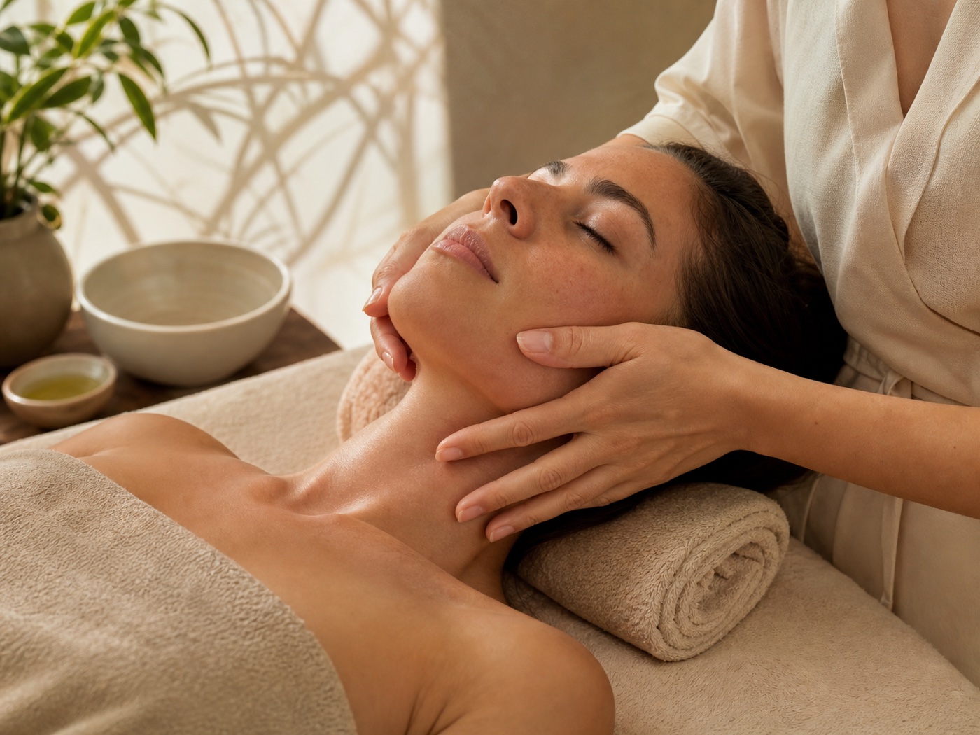 Kosmetikerin führt eine sanfte lymphatische Gesichtsmassage durch