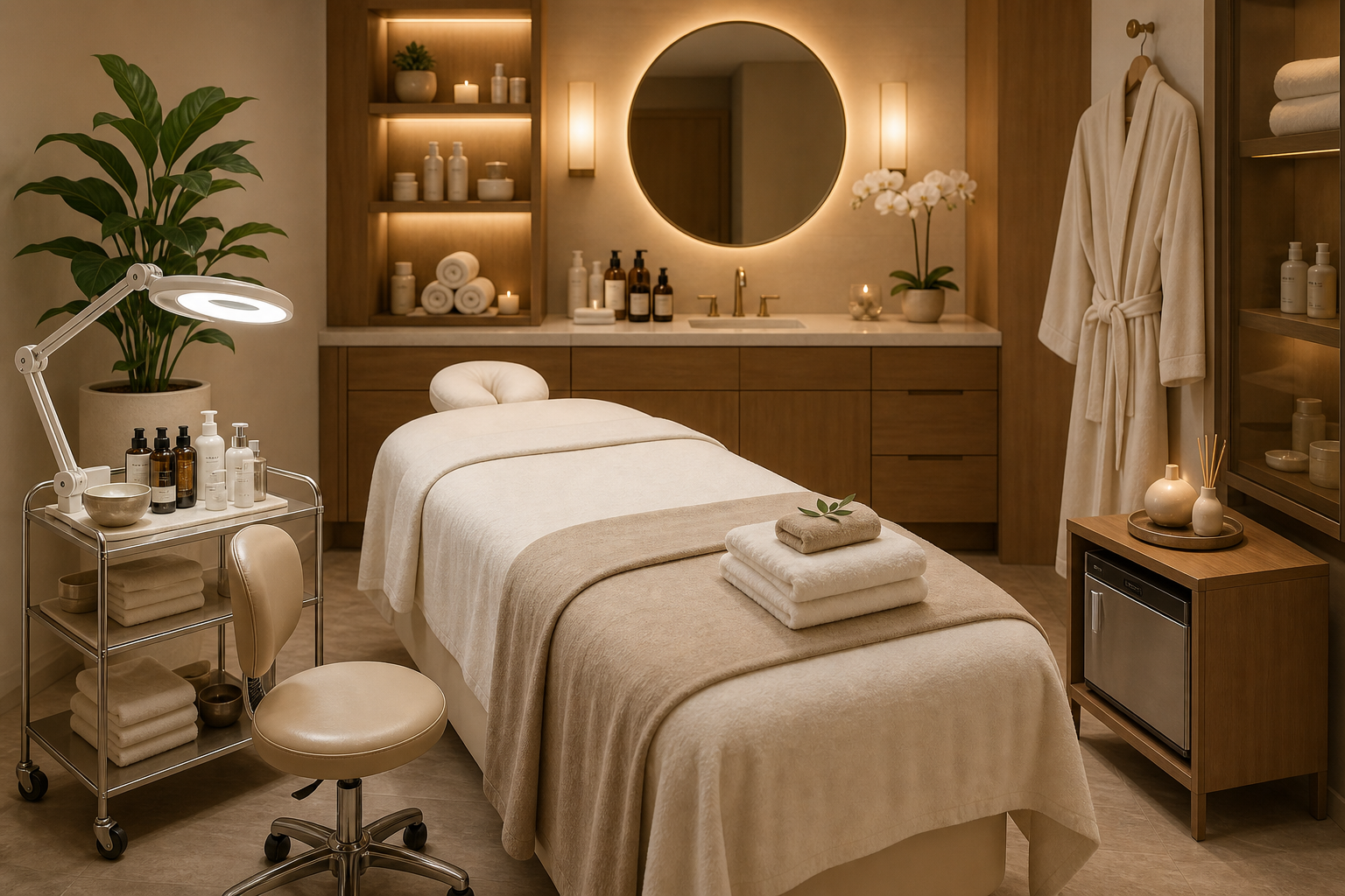 Sala de tratamientos de spa cinco estrellas preparada con camilla de tratamiento, carrito, bata, espejo e iluminación cálida
