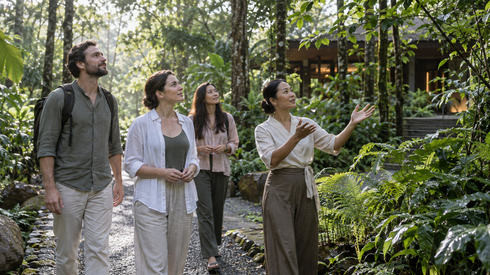 Facilitator guiding three adults through a lush Thai forest bathing experience