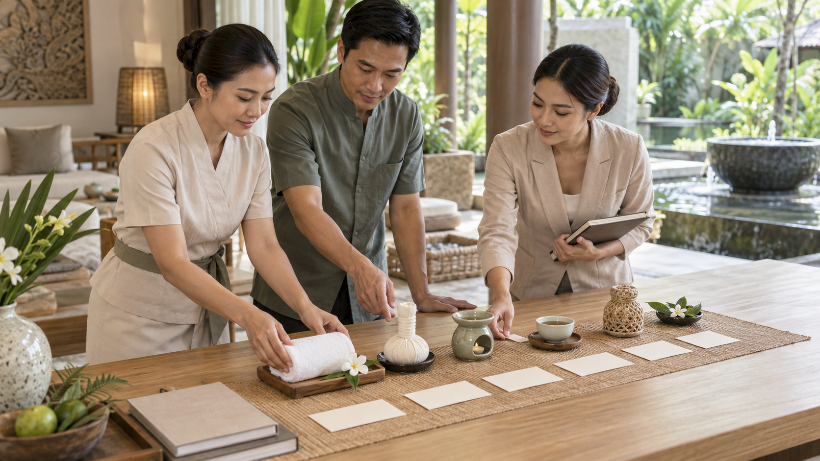 Thai spa team arranges a healing-led guest journey with towels, herbal compress and tea
