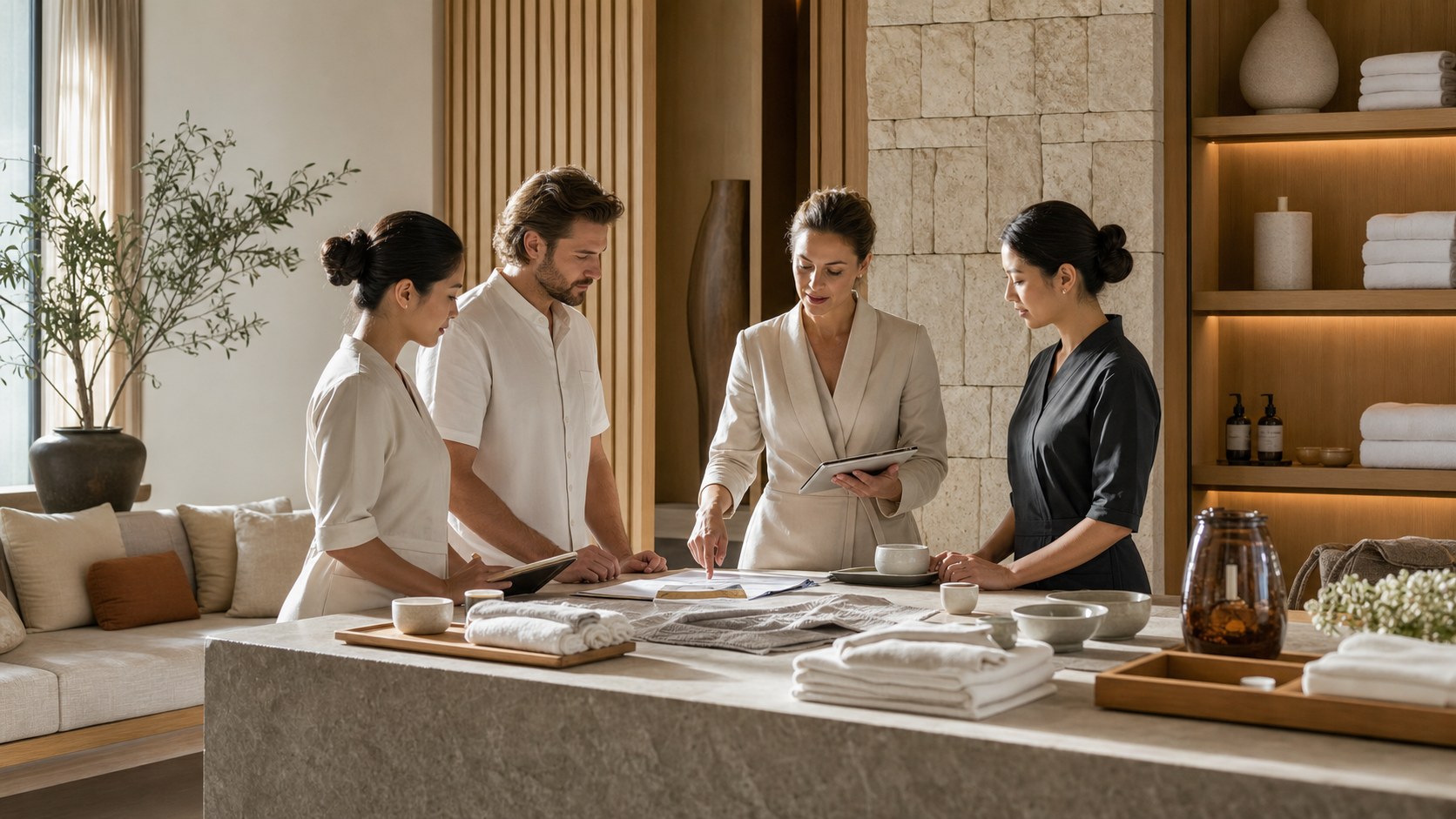 Visuel de conseil en spa haut de gamme expliquant comment choisir le bon emplacement, l'équipement et le bon personnel pour votre entreprise de spa