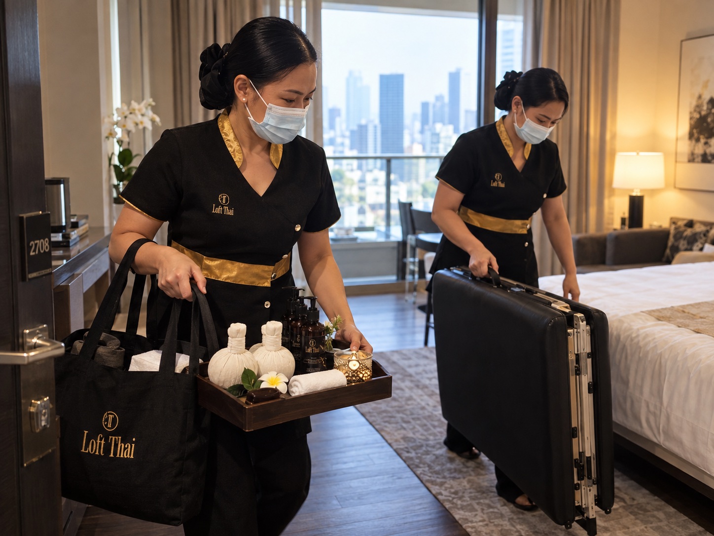 يصل فريق Loft Thai بطاولة تدليك محمولة ومستلزمات العلاج