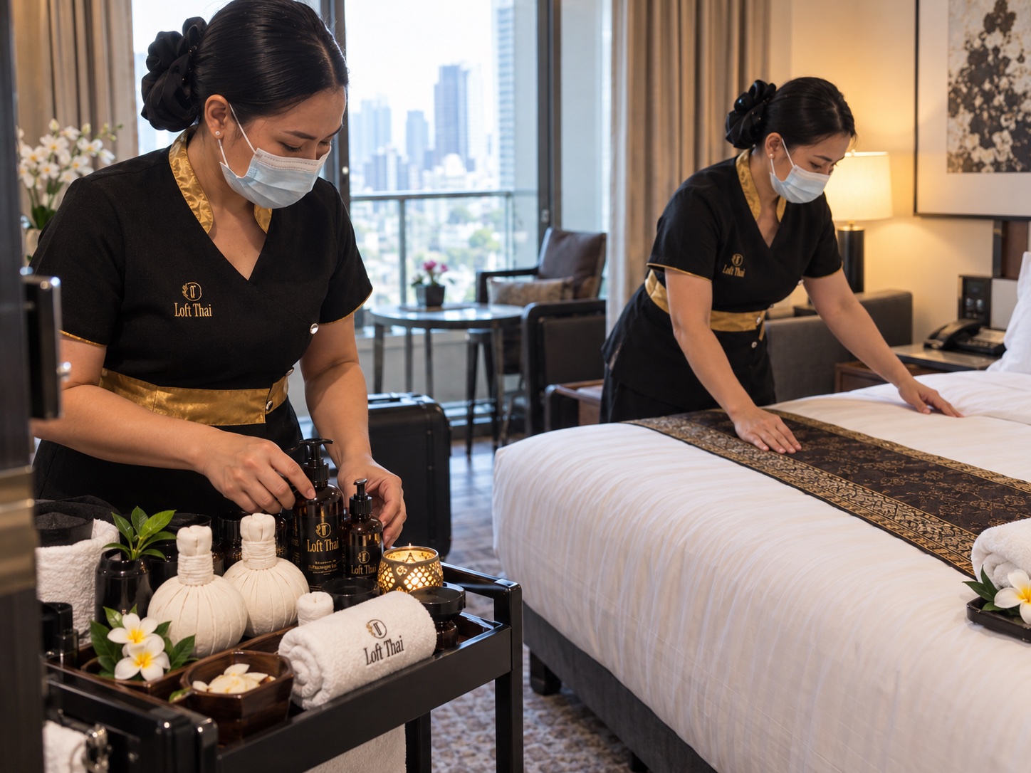 يقوم فريق Loft Thai بإعداد البياضات ومنتجات التدليك في غرفة الفندق