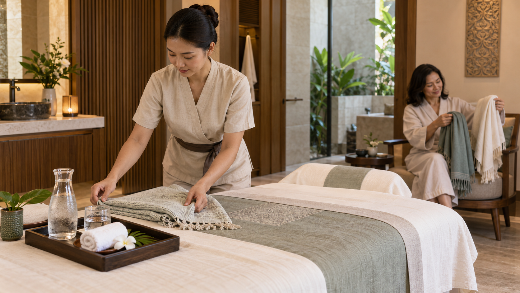 Ein thailändischer Spa-Experte bereitet verstellbare Bettwäsche und Wasser vor, während ein mittelalter Gast eine Packung auswählt