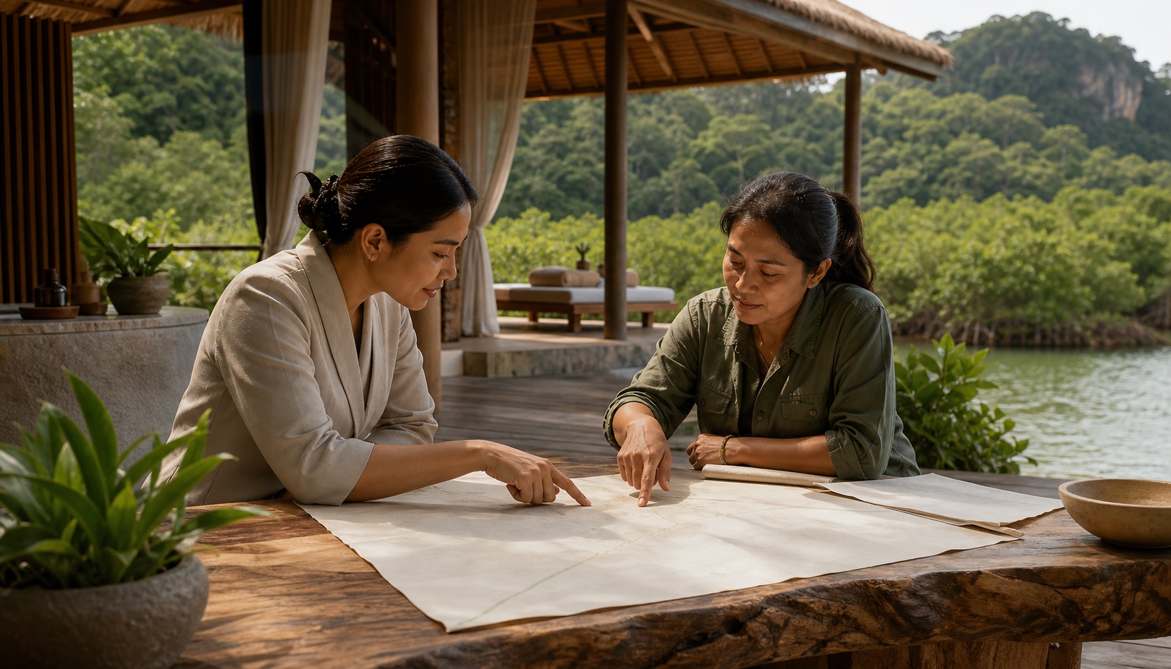Spa director and conservation specialist planning a programme beside a Southeast Asian island wellness pavilion