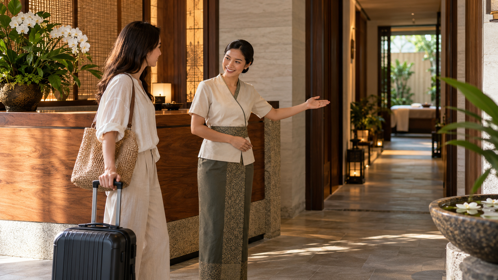 Voyageur en court séjour accueilli par un hôte dans un hôtel spa contemporain d'inspiration thaïlandaise