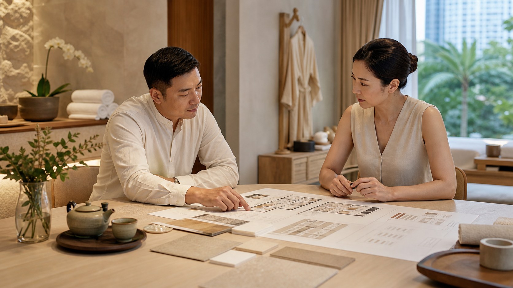 Spa owner reviewing operational numbers and a guest experience plan
