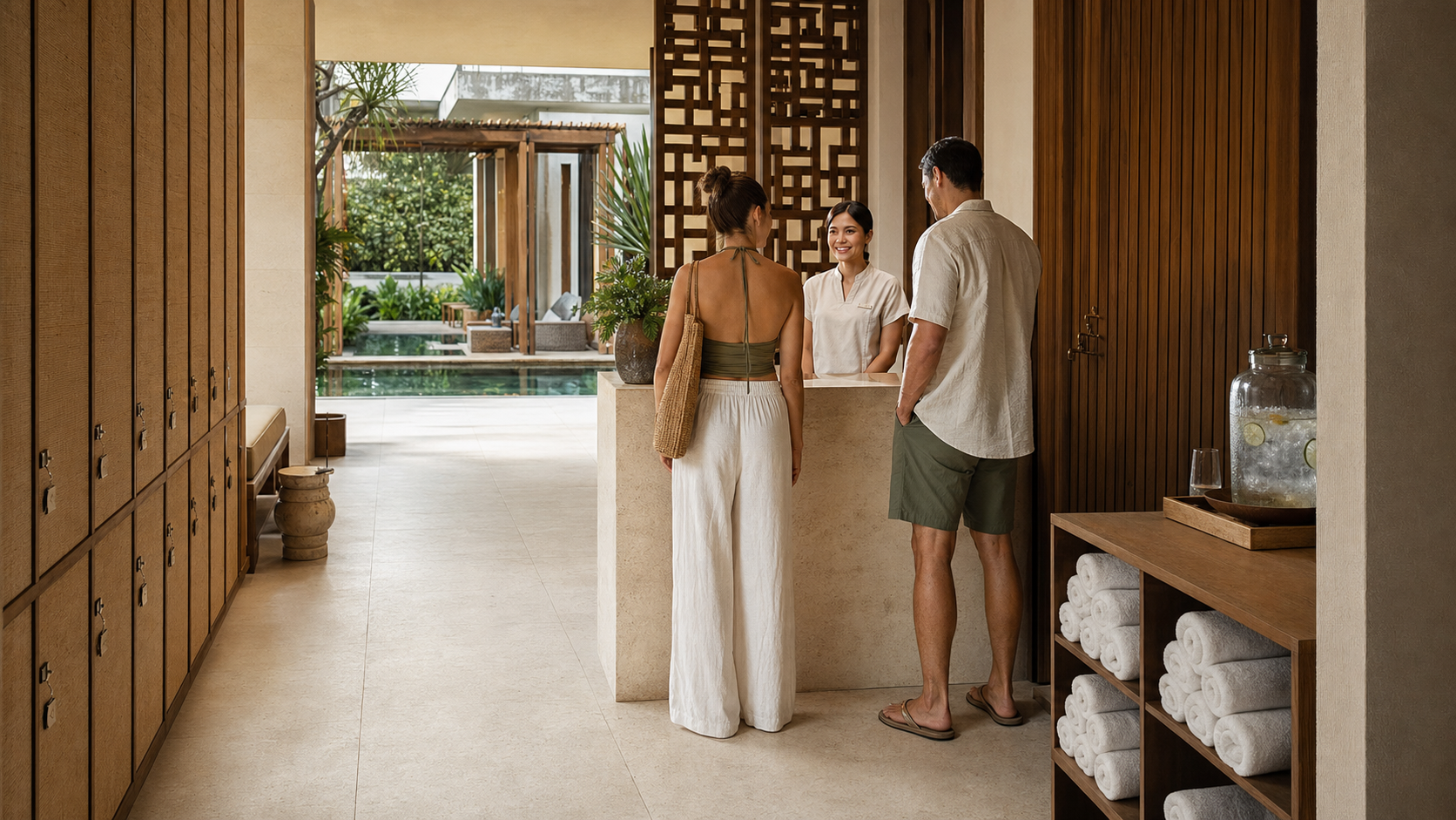 Contemporary Bangkok hotel spa reception prepared for controlled day-pass guest arrivals