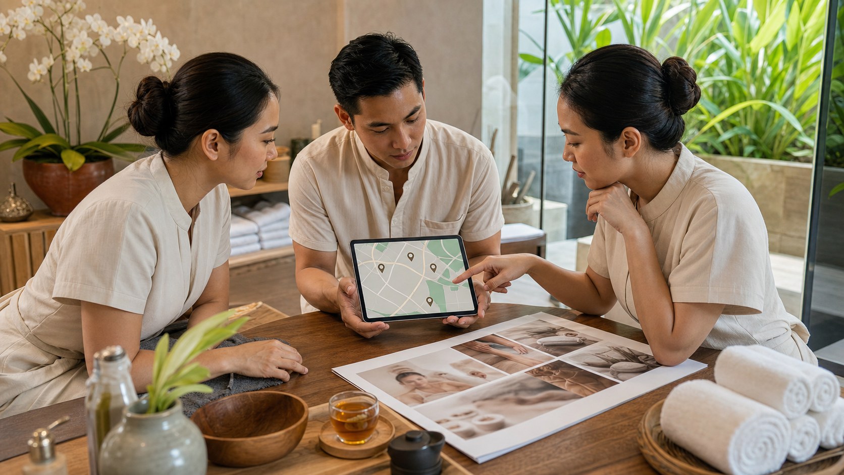 Spa team reviewing a local profile and service pages