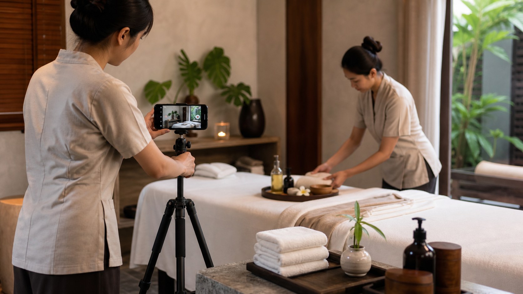 Spa team preparing a short video sequence in a bright treatment room