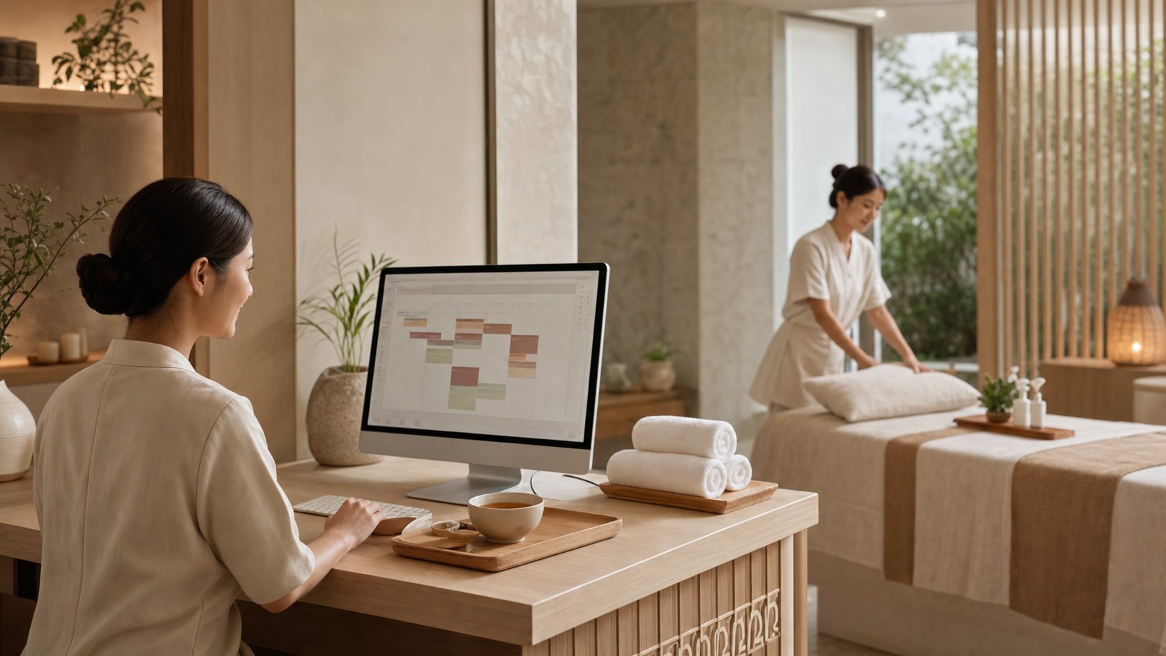 Spa manager reviewing a booking schedule and client records