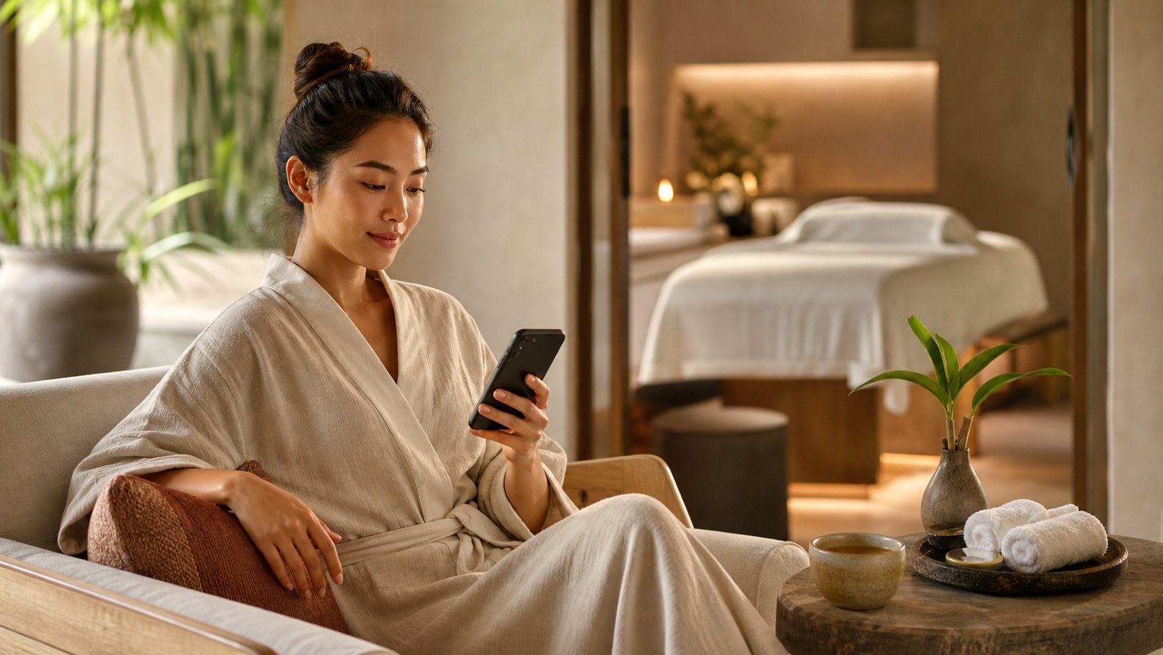 Guest checking local spa search results on a phone in a lounge