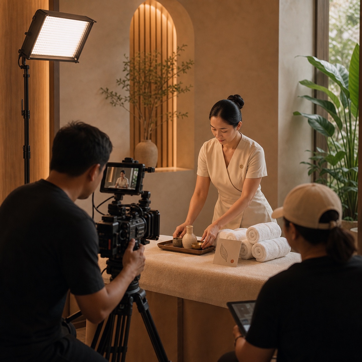 Professional film crew shooting a spa treatment scene
