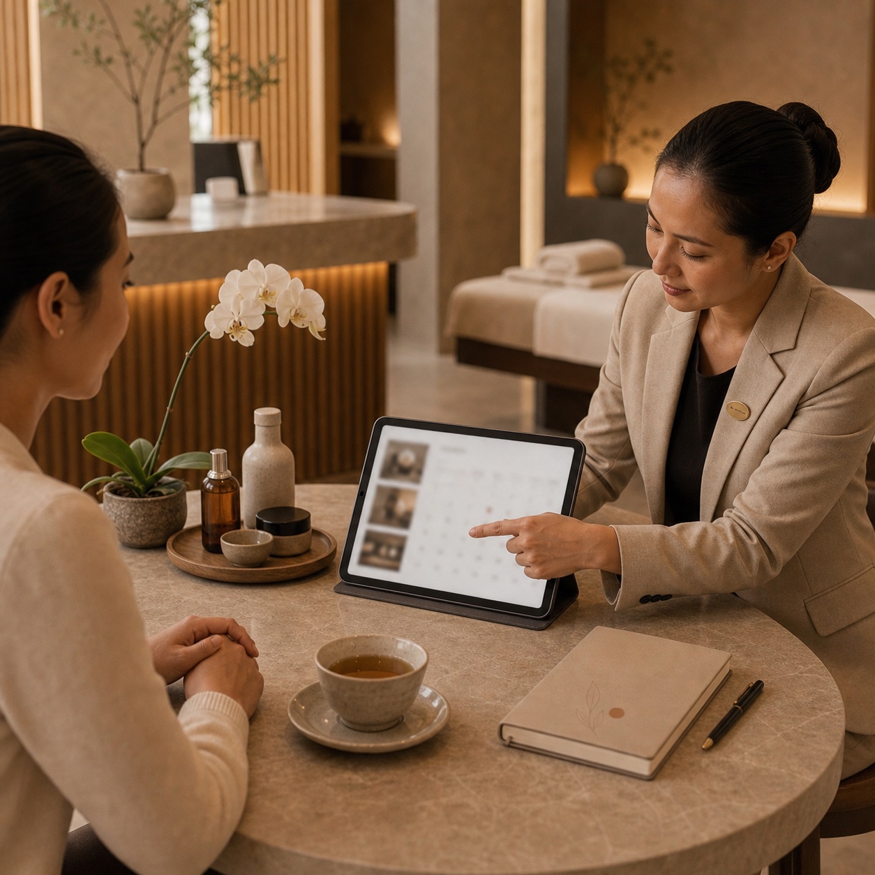 Spa consultant presenting a digital booking system on a tablet