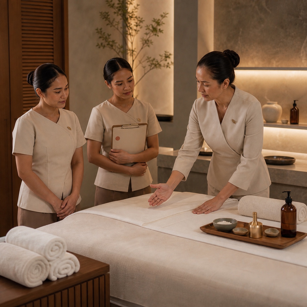 Spa operations training session with therapists in a treatment room